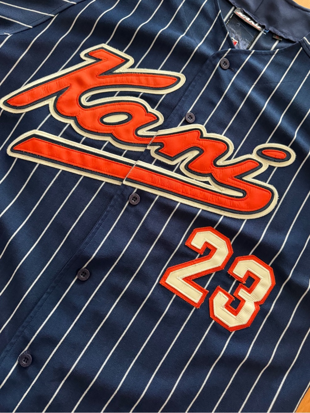 Vintage Karl Kani Endurance Baseball Jersey - Navy Pinstripe - Size XL